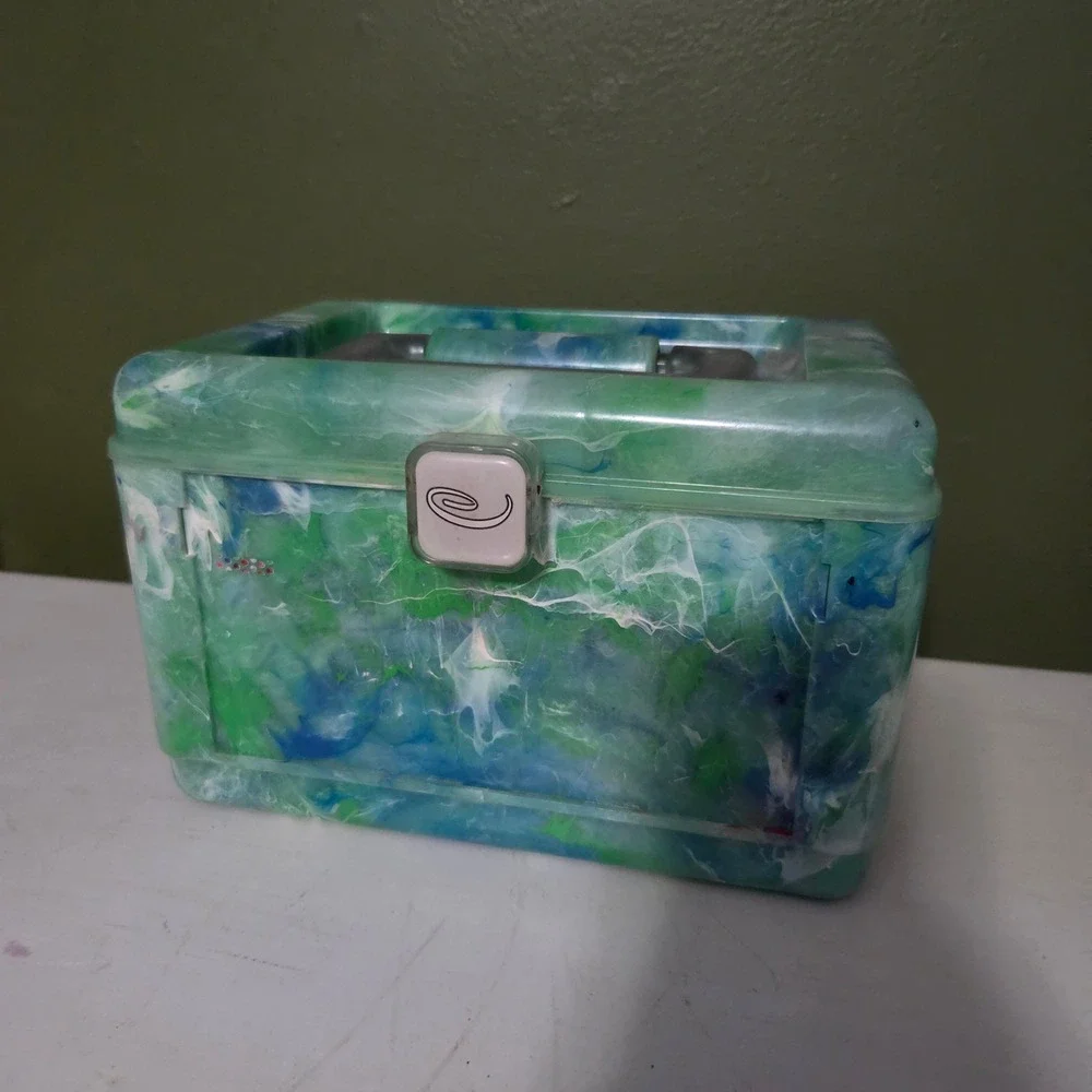 Caboodle Vintage Green Blue Marble Makeup Organizer Mirror Case